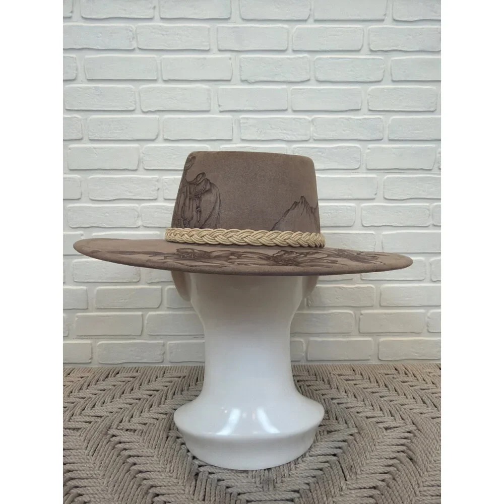 Sun Kissed Fedoras Cowgirl Hat Hand-Drawn Horse Floral Wide Brim Horse and Sunflowera Burned Hat, Floral Burned Cowgirl  main image 3